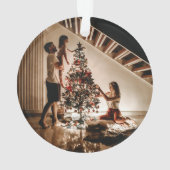 赤い格子状モダンのシンプルクリスマスファミリー2写真 オーナメント (裏面)