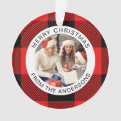赤い格子状モダンのシンプルクリスマスファミリー2写真 オーナメント (正面)