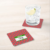 赤い格子緑こんにちは私の名前はラベルジョイ休日 スクエアペーパーコースター (インサイチュ)