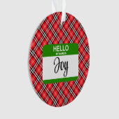 赤い格子緑の名札こんにちは私の名前は喜びクリスマス オーナメント (正面)