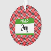 赤い格子緑の名札こんにちは私の名前は喜びクリスマス オーナメント (正面)