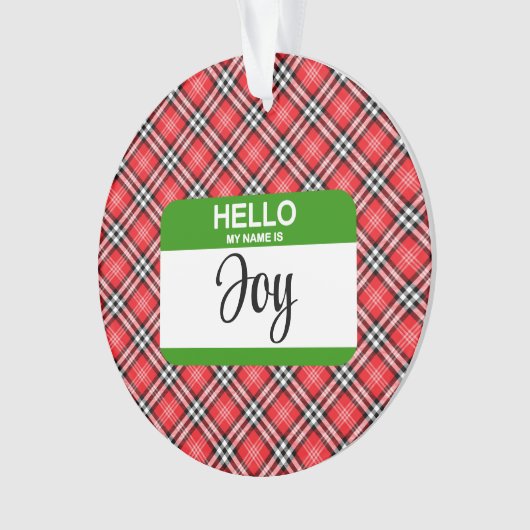 赤い格子緑の名札こんにちは私の名前は喜びクリスマス オーナメント (正面)