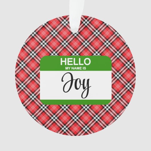 赤い格子緑の名札こんにちは私の名前は喜びクリスマス オーナメント (正面)