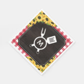 赤い格子縞とひまわりがプリントされた、ナチュラルな雰囲気のBBQ スタンダードランチョンナプキン (角)