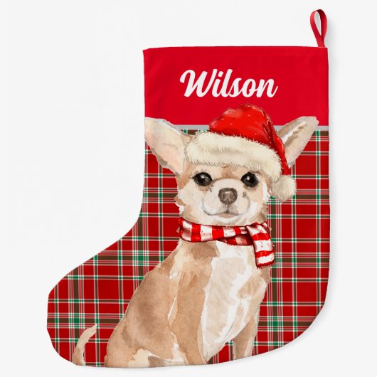 赤い格子縞と丹千華犬の名で呼ばれる ラージクリスマスストッキング (裏面)