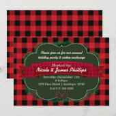 赤い格子縞と松ぼっくりのある、素朴なホリデー招待状 招待状 (正面/裏面)