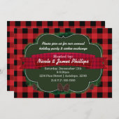 赤い格子縞と松ぼっくりの素朴なホリデー招待状 招待状 (正面/裏面)