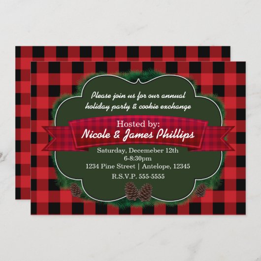 赤い格子縞と松ぼっくりの素朴なホリデー招待状 招待状 (正面/裏面)