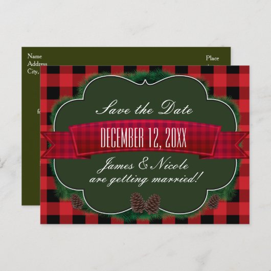 赤い格子縞と松ぼっくり　素朴なカントリー　ポストカード 案内ポストカード (正面/裏面)