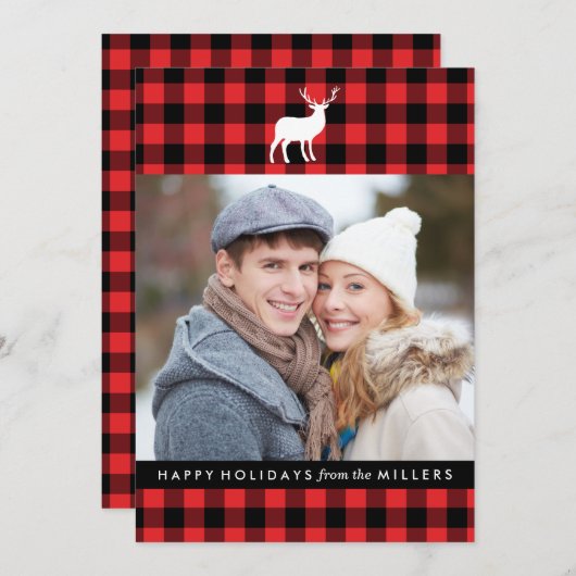赤い格子縞と白い牡鹿 | 休日の写真カード シーズンカード (正面/裏面)