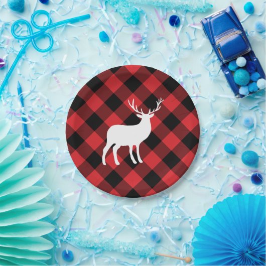 赤い格子縞と白い牡鹿 |休日 ペーパープレート (パーティー)