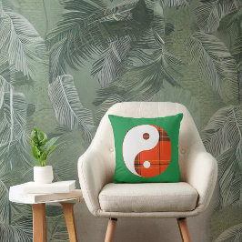 赤い格子縞と白い陰陽オングリーン クッション