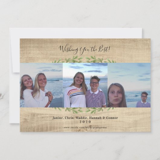 赤い格子縞と素朴な木の写真のホリデーカード 案内状 (裏面)