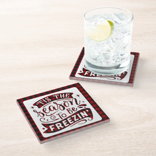 赤い格子縞のおもしろいが冬を凍らせる季節 ガラスコースター (アングル)