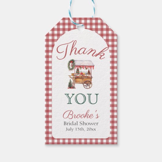 赤い格子縞のクリスマス市場スタイルのブライズシャワー ギフトタグ (正面)