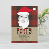 赤い格子縞のクリスマス サンタの顔の写真 ホリデーパーティー 招待状 (スタンド正面)