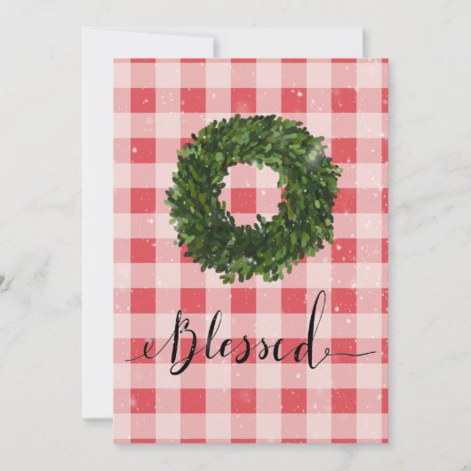 赤い格子縞のクリスマス スノー リース シーズンカード (正面)