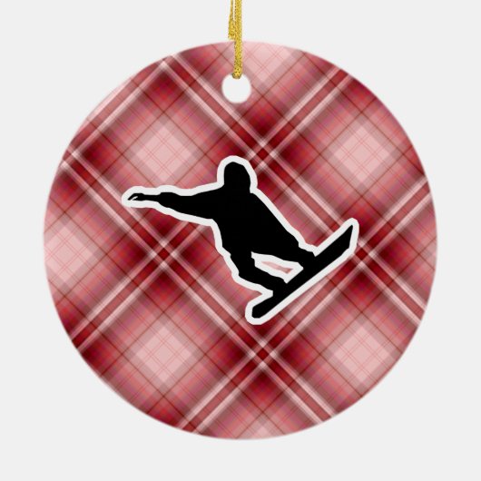 赤い格子縞のスノーボード セラミックオーナメント (裏面)