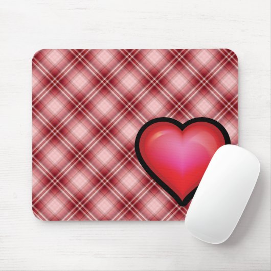 赤い格子縞のハート マウスパッド (マウス)