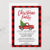 赤い格子縞のブラシスクリプトトラックのクリスマス パーティー 招待状 (正面/裏面)