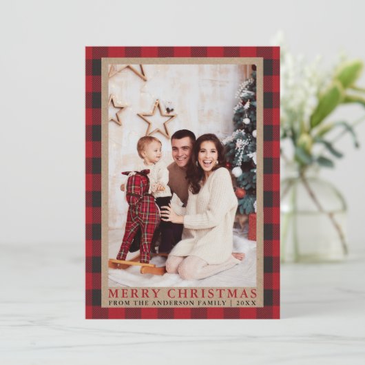 赤い格子縞の家族の写真メリークリスマスクラフト シーズンカード (スタンド正面)