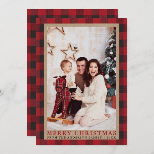 赤い格子縞の家族の写真メリークリスマスクラフト シーズンカード (正面/裏面)