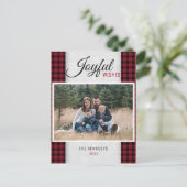 赤い格子縞の家族写真クリスマス シーズンポストカード (スタンド正面)