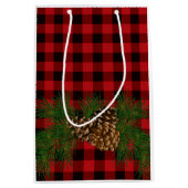 赤い格子縞の松の実詳細 ミディアムペーパーバッグ (正面)