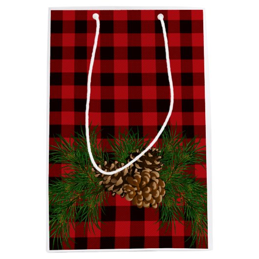 赤い格子縞の松の実詳細 ミディアムペーパーバッグ (正面)