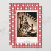 赤い格子縞の水色フランネル写真メリークリスマス シーズンカード (正面/裏面)