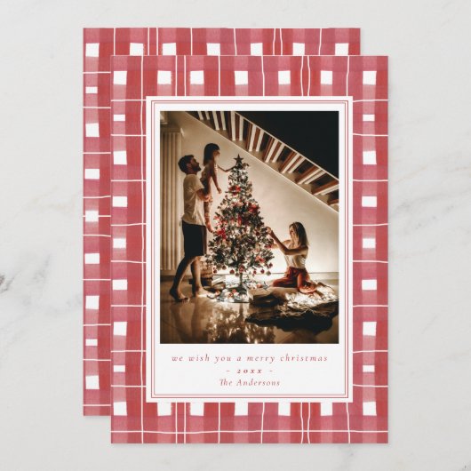 赤い格子縞の水色フランネル写真メリークリスマス シーズンカード (正面/裏面)