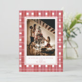 赤い格子縞の水色フランネル写真メリークリスマス シーズンカード (スタンド正面)