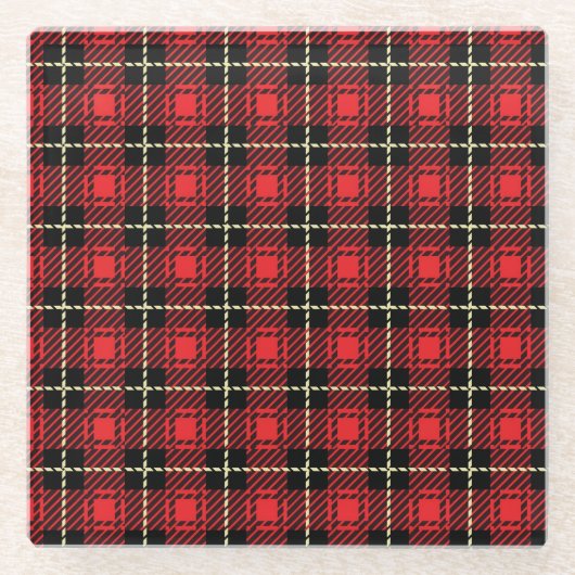 赤い格子縞の背景 ガラスコースター (正面)