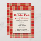 赤い格子縞の誕生日のパーティの招待状 招待状 (正面/裏面)