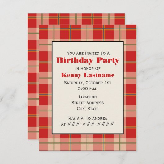 赤い格子縞の誕生日のパーティの招待状 招待状 (正面/裏面)