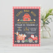 赤い格子縞の農業用トラクター黒板誕生日 招待状 (スタンド正面)