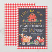 赤い格子縞の農業用トラクター黒板誕生日 招待状 (正面/裏面)