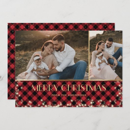赤い格子縞の金ゴールドキラキラ写真メリークリスマス シーズンカード (正面/裏面)