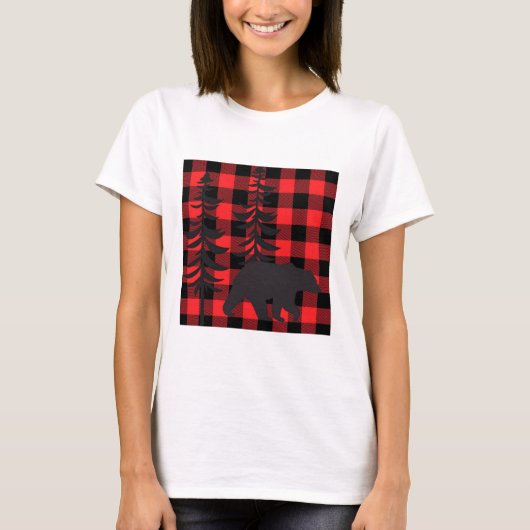 赤い格子縞の黒いクマの模様 Tシャツ (正面)
