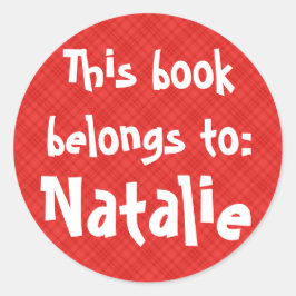 赤い格子縞の「この本は属する」ラベル ラウンドシール