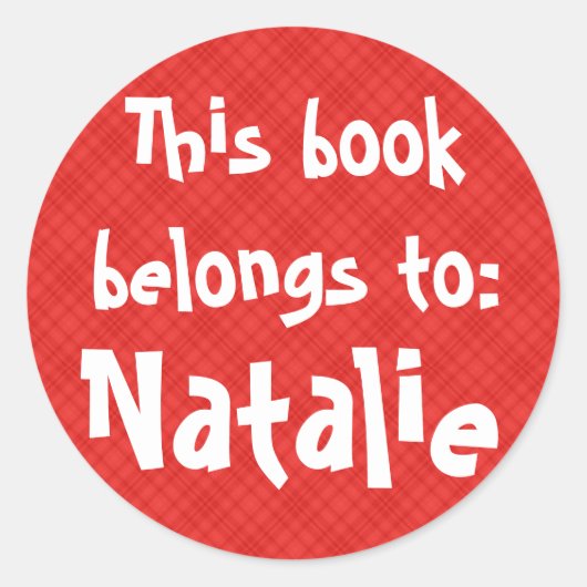 赤い格子縞の「この本は属する」ラベル ラウンドシール (正面)