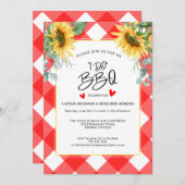 赤い格子縞の「I Do BBQ」ひまわりの花のブライズシャワーパーティー 招待状 (正面/裏面)