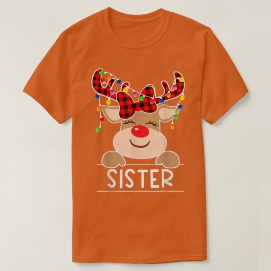 赤い格子縞トナカイ姉妹クリスマスライトクリスマ Tシャツ (デザイン正面)