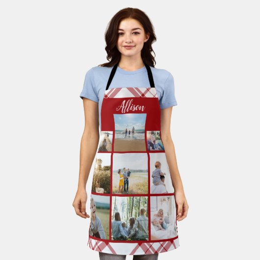 赤い格子縞パーソナライズされたの家族写真コラージュ名 エプロン (着用した状態)