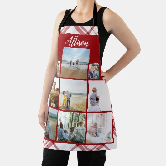 赤い格子縞パーソナライズされたの家族写真コラージュ名 エプロン (インサイチュ)