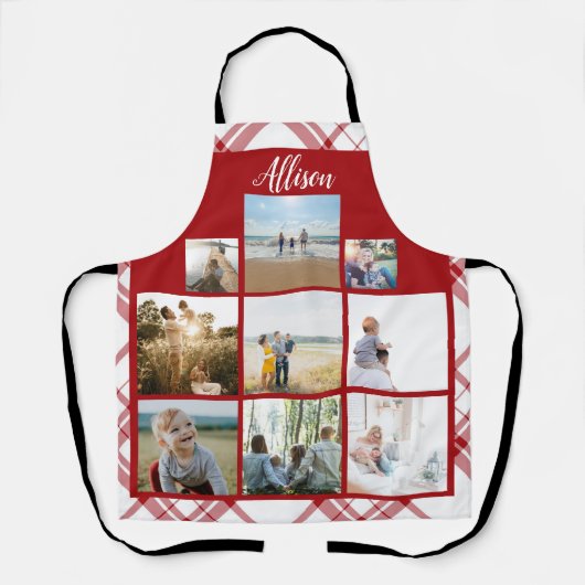 赤い格子縞パーソナライズされたの家族写真コラージュ名 エプロン (正面)