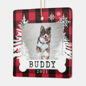 赤い格子縞素朴の松の木、犬の骨のペット写真 セラミックオーナメント (左)