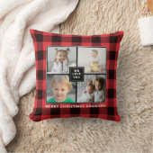 赤い格子縞 |メリークリスマスおばあちゃん |写真のコラージュ クッション (ブランケット)