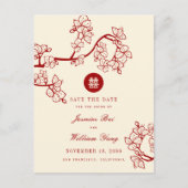 赤い桃の花のダブル幸せ日付を保存 案内ポストカード (正面)