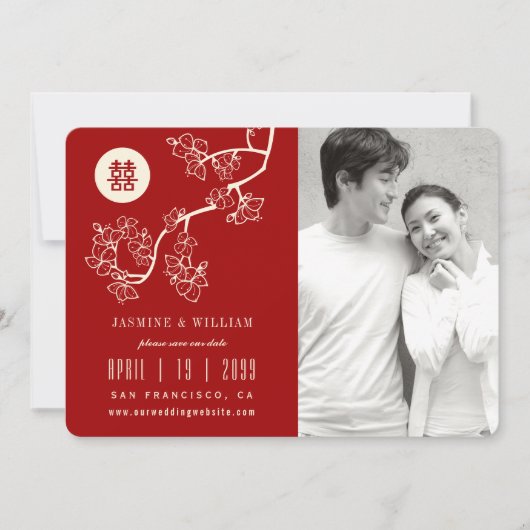 赤い桃の花中国のの二重幸福の写真 セーブザデート (正面)